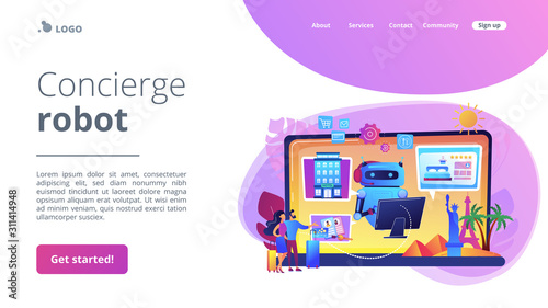 Online hotel booking system. Smart hospitality industry, autonomous robots for business. Concierge robot, artificial intelligence in tourism concept. Website homepage landing web page template.