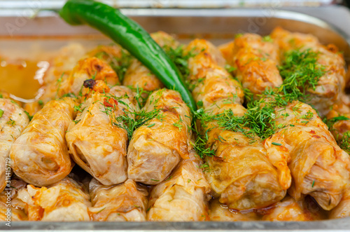 Romanian traditional food – Sarmale. Stuffed cabbage rolls with meat and rice