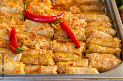 Romanian traditional food – Sarmale. Stuffed cabbage rolls with meat and rice