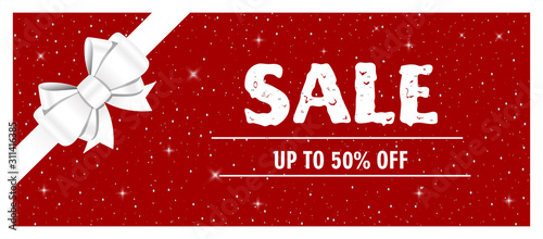 Sale discount banner template promotion with white bow, snowflakes and text on isolated red background