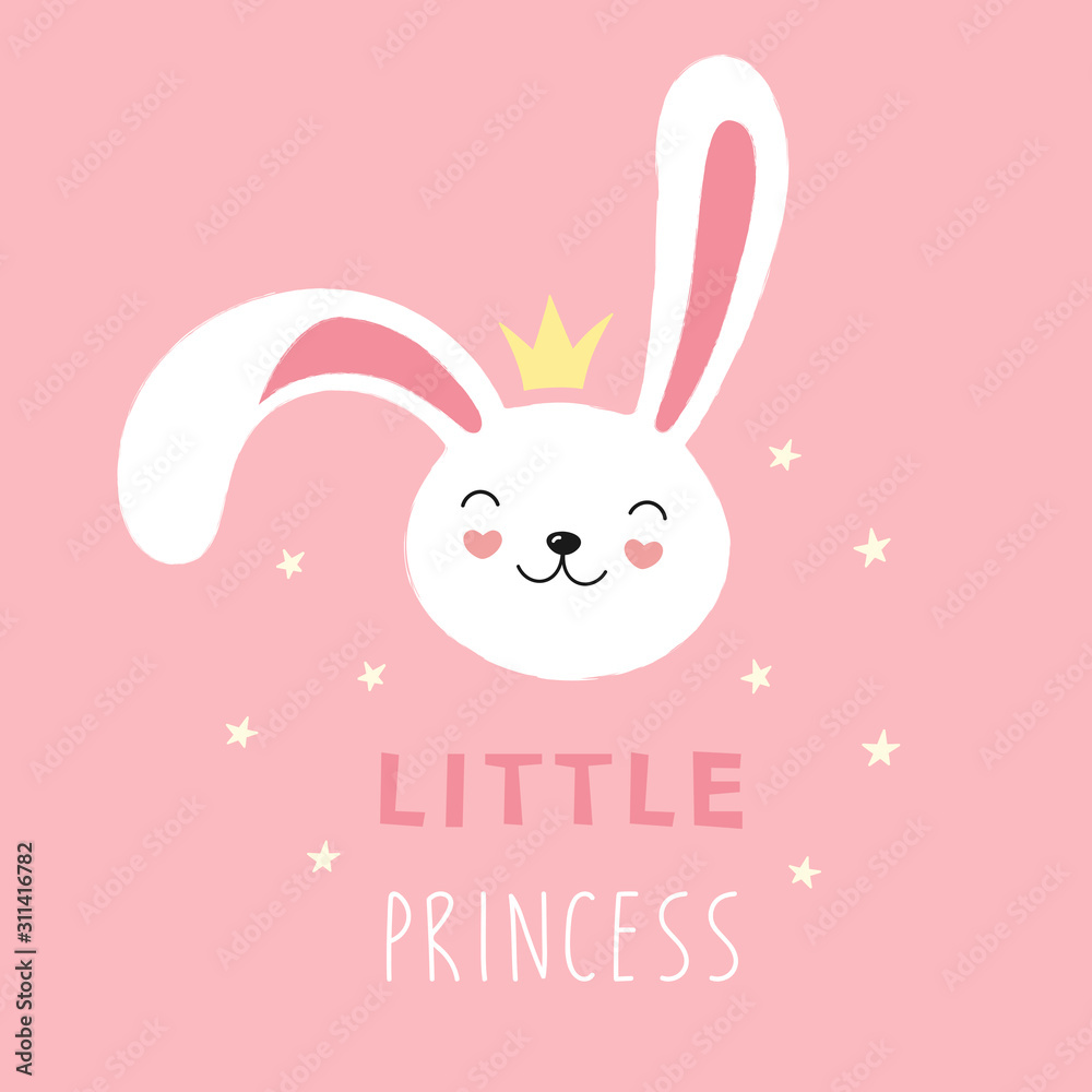 Cute face of a white rabbit, bunny, little princess. Vector cartoon illustration on a pink background, print for t-shirt, greeting card. Cute face of a white rabbit, bunny, little princess. Vector cartoon illustration on a pink background, print for t-shirt, greeting card.