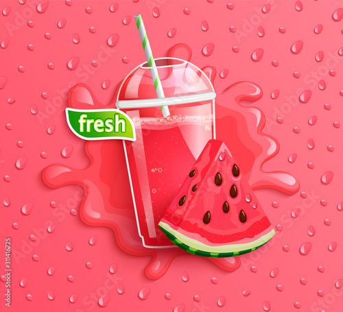 Fresh watermelon juice with slice berry, splash and delicious drops on background for brand, logo,template, label, emblem, packaging, advertising, store. Vector illustration.