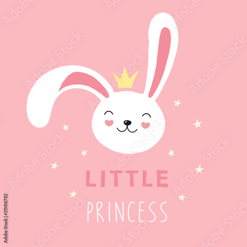 Cute face of a white rabbit, bunny, little princess. Vector cartoon illustration on a pink background, print for t-shirt, greeting card.