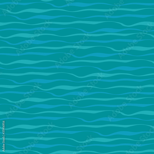 Abstract hand drawn dense brushstroke style sea waves or lines in hues of teal. Seamless geometric vector pattern on ocean blue background. Great for marine themed products, health, wellness, sport