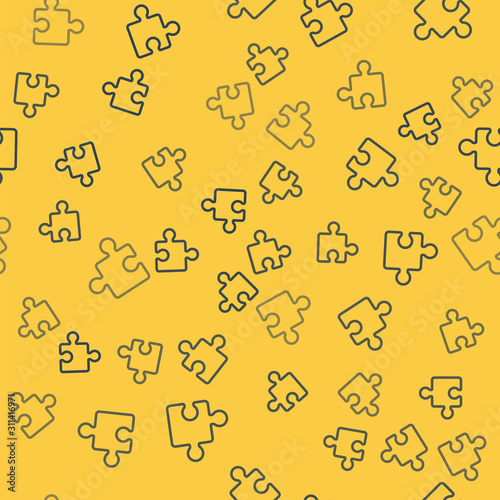 Schilderij op canvas Blue line Piece of puzzle icon isolated seamless pattern on yellow background