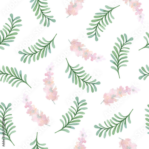 Floral watercolor seamless pattern on white background for design and decor, in fabric and paper production.