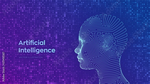 AI. Artificial intelligence concept. Abstract wireframe digital human face on streaming matrix digital binary code background. Human head in robot digital computer interpretation. Vector illustration.