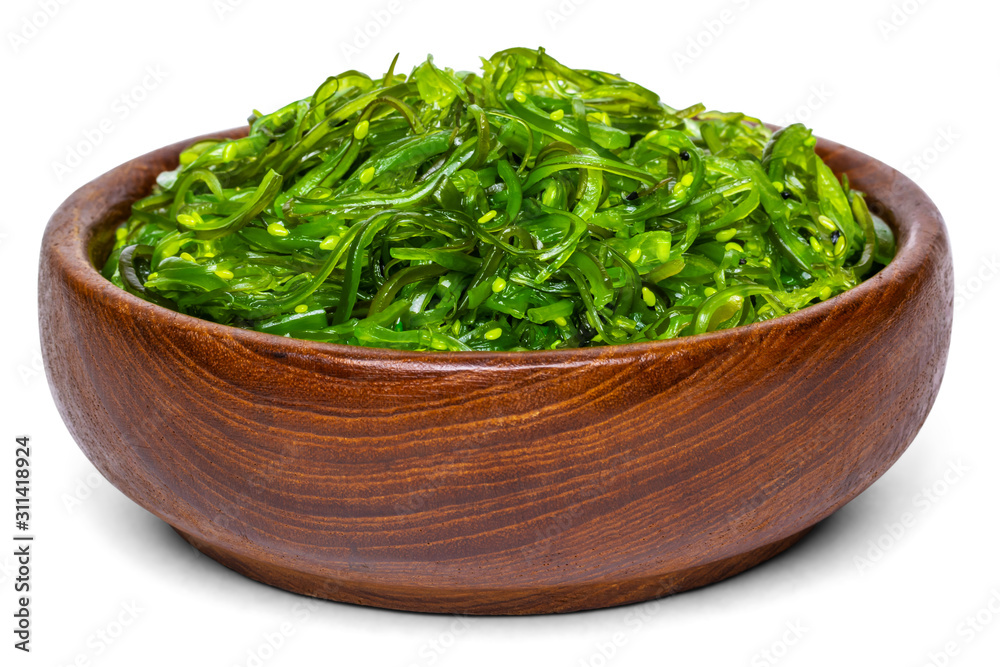 Hiyashi wakame chuka green japanese seaweed salad in wooden bowl Hiyashi wakame chuka green japanese seaweed salad in wooden bowl