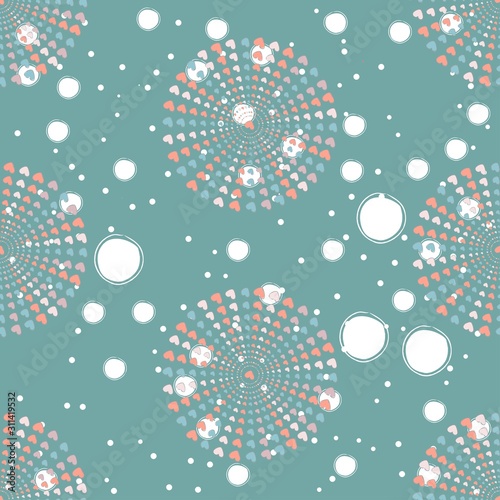 Seamless pattern, hand drawn hearts in brush organised into circles
