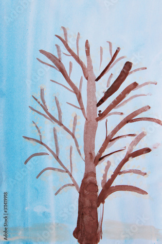 Children's drawing with brown tree on blueish background. Childish drawing © alexmak