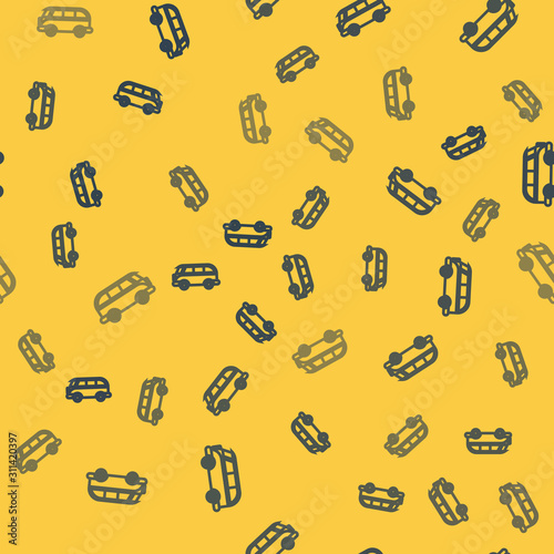 Blue line Retro minivan icon isolated seamless pattern on yellow background. Old retro classic traveling van. Vector Illustration