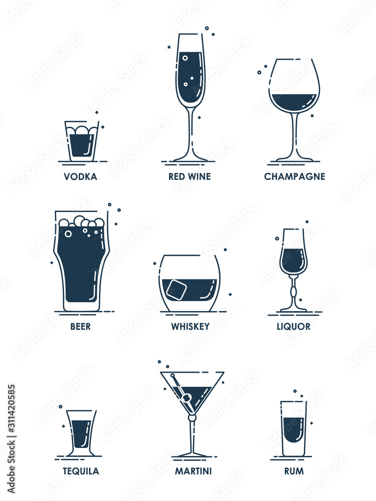 Drink glass. Alcohol concept. Beverage icon set. Line design. Vodka, wine,  champagne, whiskey, liquor, beer, tequila, rum, martini. Cartoon  illustration isolated on white background in flat style Stock Vector