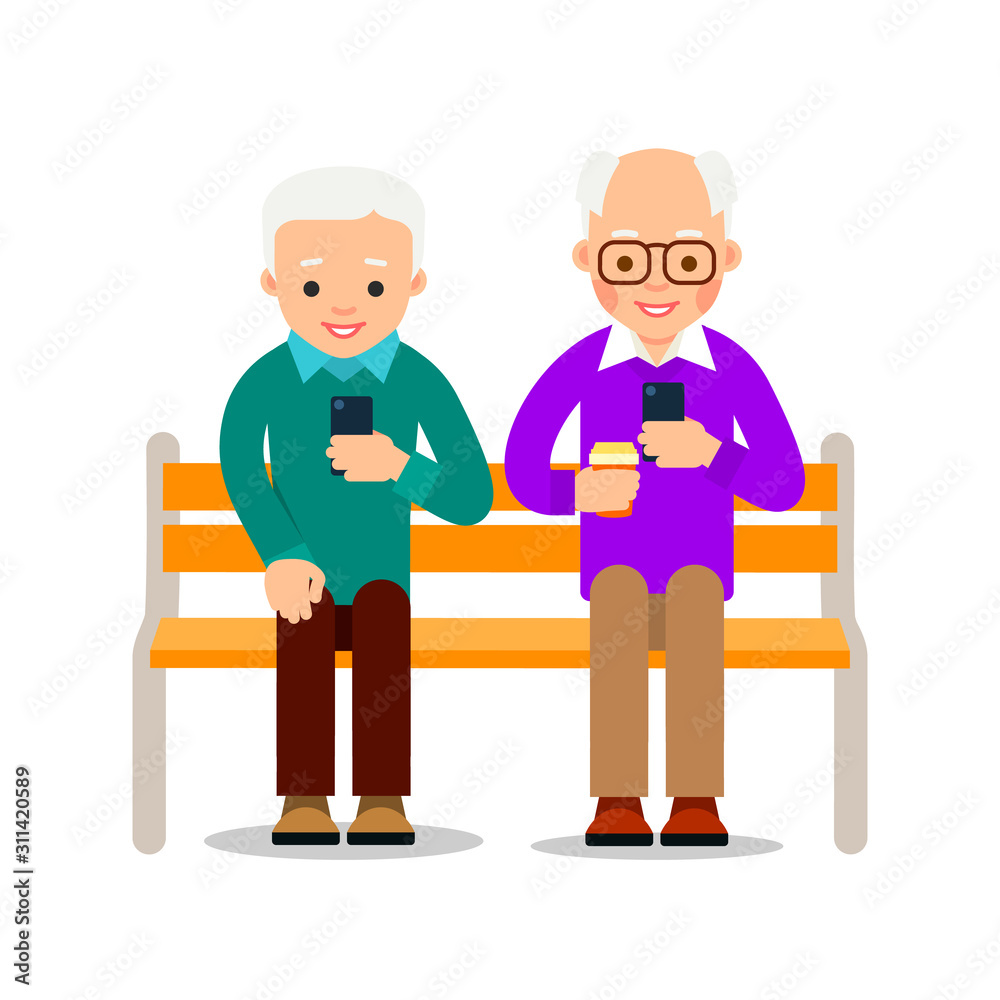 Old men with phone. Grandfather and elderly man are sitting on bench and smiling read messages in smartphone.  Happy retirement. Cartoon illustration isolated on white background in flat style