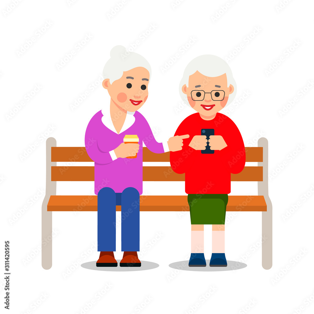 Old women with phone. Grandmother and elderly woman are sitting on bench and smiling read messages in smartphone. Happy retirement. Cartoon illustration isolated on white background in flat style Old women with phone. Grandmother and elderly woman are sitting on bench and smiling read messages in smartphone. Happy retirement. Cartoon illustration isolated on white background in flat style