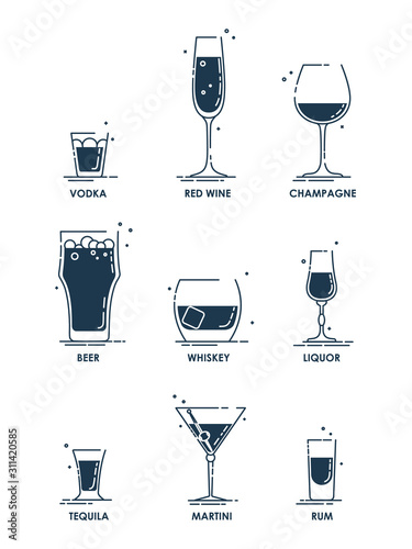 Drink glass. Alcohol concept. Beverage icon set. Line design. Vodka, wine, champagne, whiskey, liquor, beer, tequila, rum, martini. Cartoon illustration isolated on white background in flat style