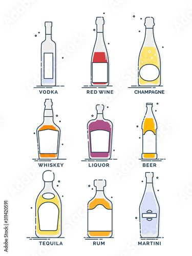 Flat line icon with bottle alcohol on white background. Party drink. Bar sign. Isolated object. Graphic collection. Vodka, wine, champagne, whiskey, liquor, beer, tequila, rum, martini. Pub beverage.