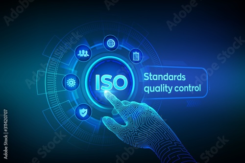 ISO standards quality control assurance warranty business technology concept. ISO standardization certification industry service concept. Robotic hand touching digital interface. Vector illustration.