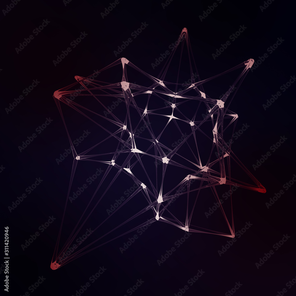Plexus lines, dots and light beams with light points. Abstract technology, science and engineering background. Depth of field settings. 3D rendering.