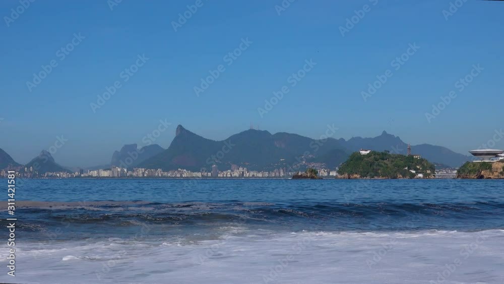Panoramic View Of The Rio De Janeiro Mountains. Icarai Beach On Foreground. Panoramic View Of The Rio De Janeiro Mountains. Icarai Beach On Foreground.