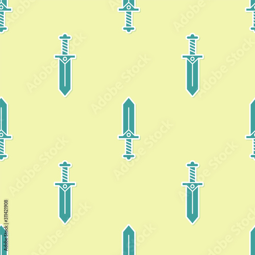 Green Sword for game icon isolated seamless pattern on yellow background.  Vector Illustration