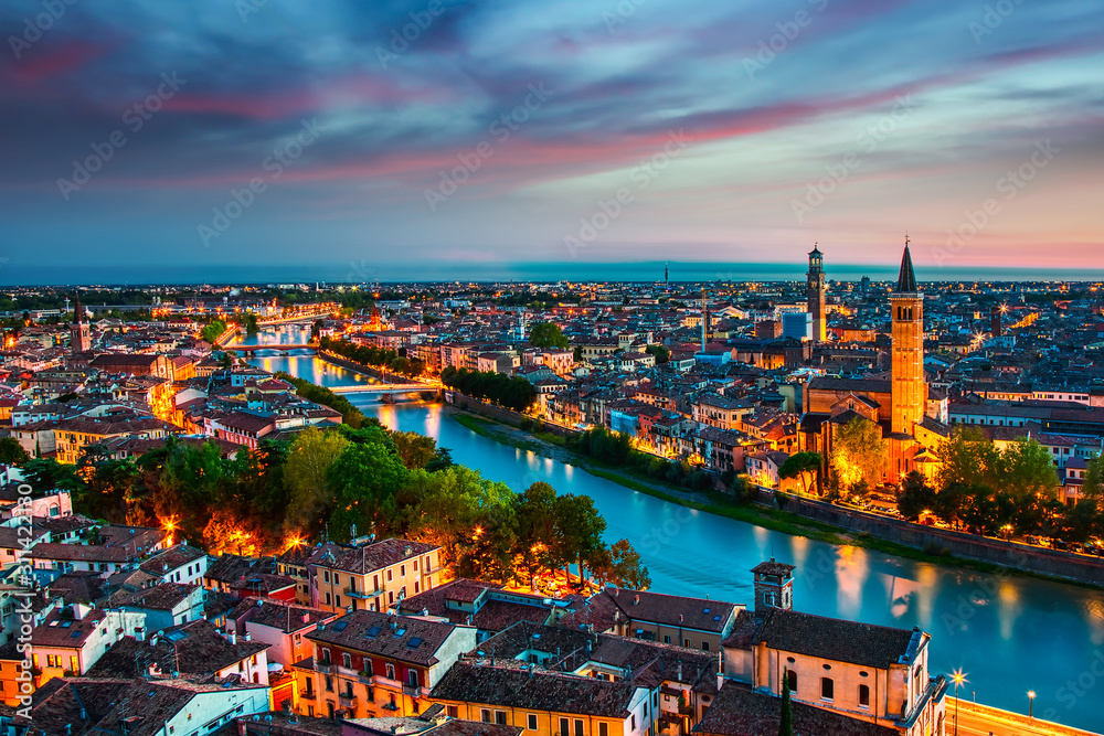 Sunset aerial panorama view of Verona, Italy. Blue hour