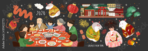 Happy chinese new year! 2020 is the year of the rat. Vector cute illustration of asian mice, korean people,family at the table, house  for the holiday. Isolated objects for card, background or poster.