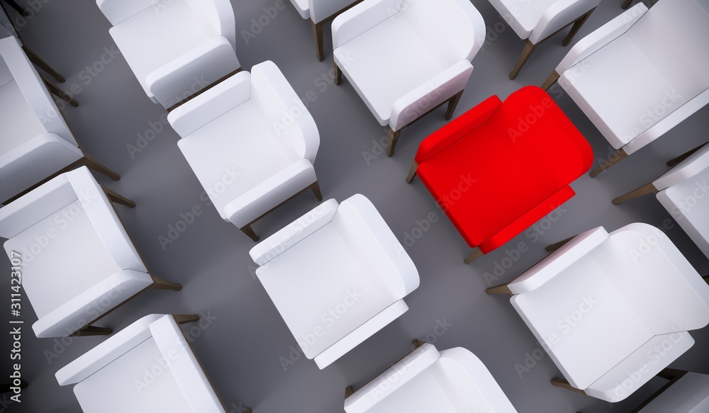Concept or conceptual red armchair standing out in a  conference room as a metaphor for leadership, vision and strategy. A  3d illustration of individuality, creativity and achievement - obrazy, fototapety, plakaty 