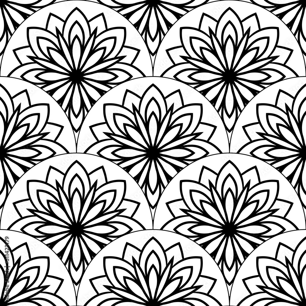 Abstract mandala fish scale seamless pattern. Ornamental tile, mosaic background. Floral patchwork infinity card. Arabic, Indian, ottoman motifs. Vector illustration. Abstract mandala fish scale seamless pattern. Ornamental tile, mosaic background. Floral patchwork infinity card. Arabic, Indian, ottoman motifs. Vector illustration.