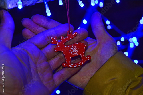 New Year's deer in the hands, in the light of the lights.