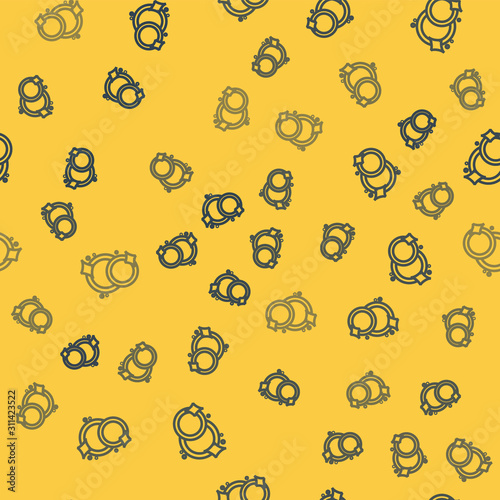 Blue line Washing dishes icon isolated seamless pattern on yellow background. Cleaning dishes icon. Dishwasher sign. Clean tableware sign. Vector Illustration