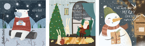 Winter cute greeting cards. Vector character illustrations: White teddy bear in the north, santa claus house and snowman. Drawings for happy new year and christmas