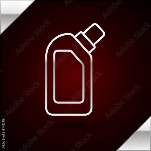 Silver line Plastic bottle for liquid laundry detergent, bleach, dishwashing liquid or another cleaning agent icon isolated on dark red background. Vector Illustration