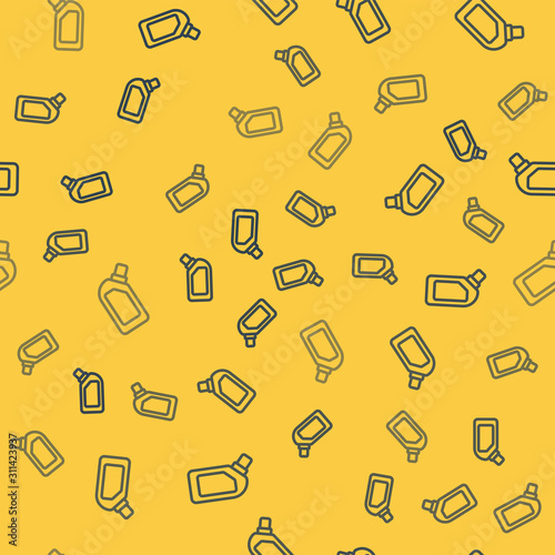 Blue line Plastic bottle for liquid laundry detergent, bleach, dishwashing liquid or another cleaning agent icon isolated seamless pattern on yellow background. Vector Illustration