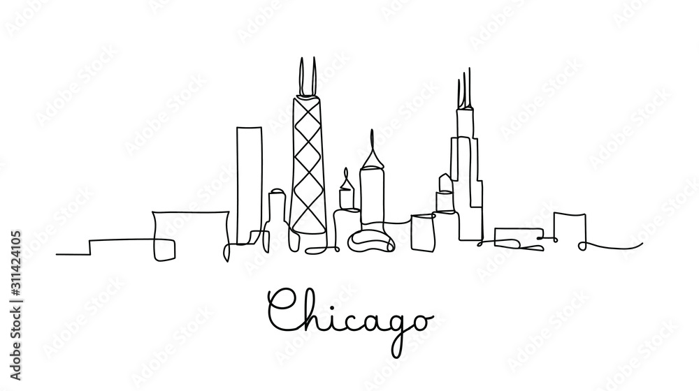 Obraz premium Jedna linia w stylu Chicago City Skyline. Prosty, nowoczesny styl minimaistyczny wektor.