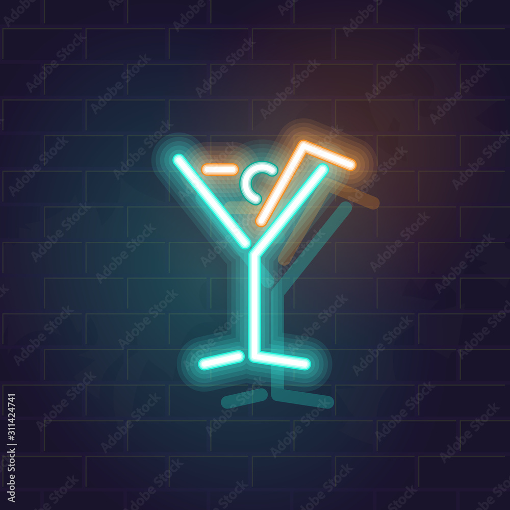 Neon cocktail in martini glass. Glowing line art illustration on brick wall background. For bar poster, menu, social network image. Neon cocktail in martini glass. Glowing line art illustration on brick wall background. For bar poster, menu, social network image.