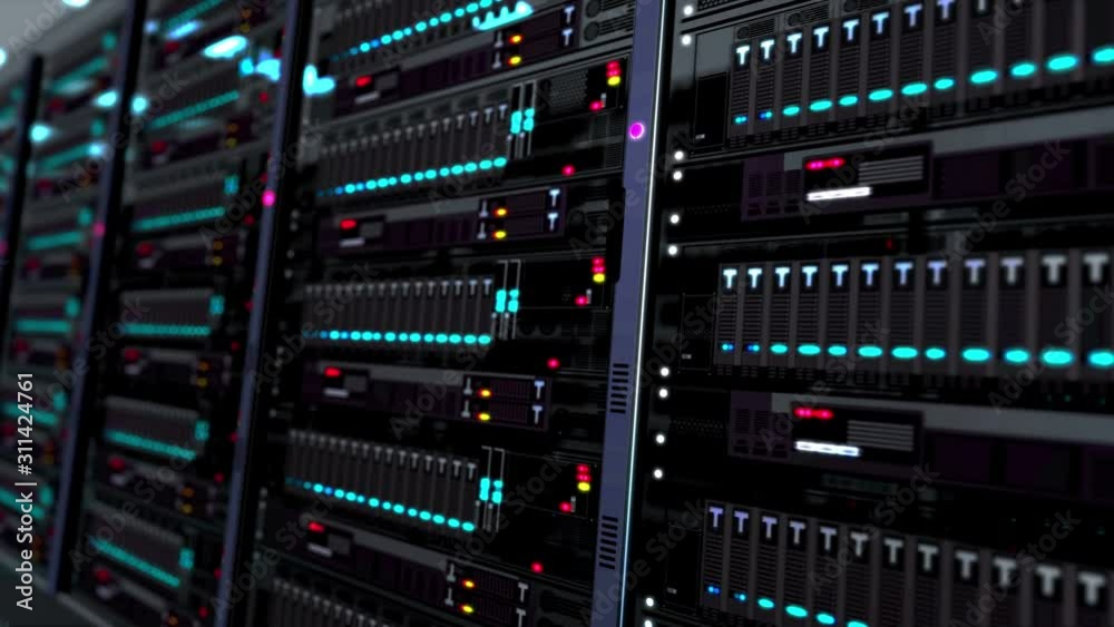 Modern servers room loopable and seamless 3d rendering animation. Artificial intelligence and supercomputer concept. Futuristic digital data storage, database and computing center with glowing lamps.
