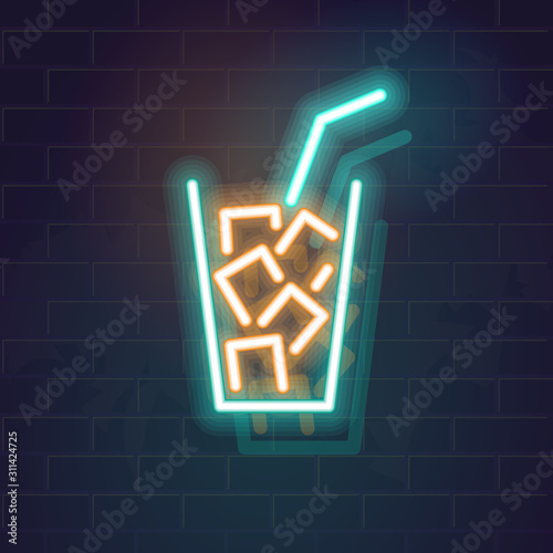 Neon long island iced tea cocktail. Mixed alcohol drinks in highball glass. Classic world popular cocktail with ice cubes. Vector fluorescent icon illustration on brick wall background.