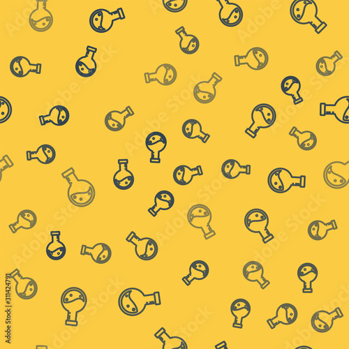 Blue line Bottle with potion icon isolated seamless pattern on yellow background. Flask with magic potion. Happy Halloween party. Vector Illustration