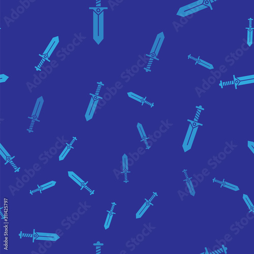 Blue Sword for game icon isolated seamless pattern on blue background.  Vector Illustration