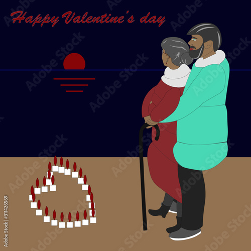 Valentine's day card. Aged man and woman admire sunset.