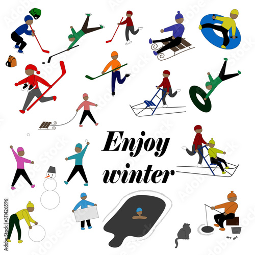 Large set of winter activities. People playing winter games outdoor.