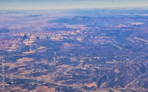 Zions National Park in Utah, Aerial view from airplane of abstract Landscapes, peaks and canyons by Saint George, United States of America. USA.