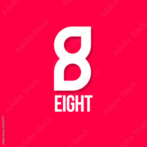 Number 8 logo, consist of two drops. Eight emblem on red background. Abstract infinity emblem.