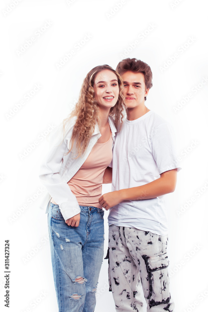 young pretty couple together posing cheerful isolated on white background, lifestyle people concept, happy boy and girl young pretty couple together posing cheerful isolated on white background, lifestyle people concept, happy boy and girl