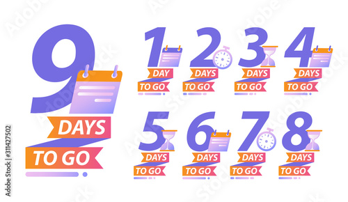 Days to go or calendar countdown concept with a set of 9 numbers with clocks or calendars and text Days To Go below for a special event, vector illustration