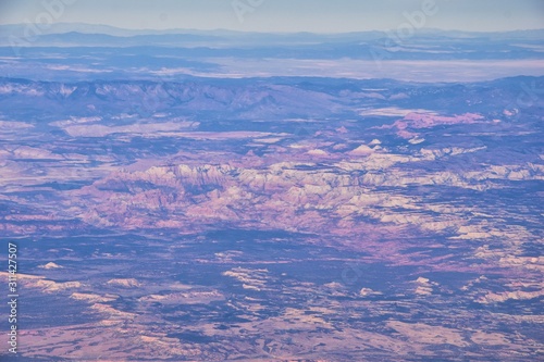 Zions National Park in Utah, Aerial view from airplane of abstract Landscapes, peaks and canyons by Saint George, United States of America. USA.