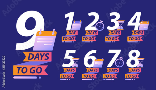 Days to go or calendar countdown concept with a set of 9 numbers with clocks or calendars and text Days To Go below for a special event, vector illustration