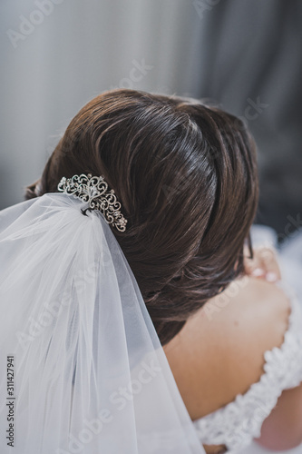 Large photo of the brides wedding hairstyle, decorated with a veil and ha