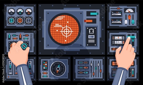 Pilot hands on the control panel of the spaceship. Dashboard with large radar in cockpit of the dispatcher. Vector illustration.