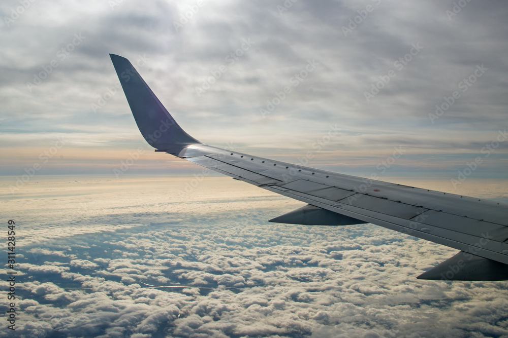 Obraz premium Fluffy carpet of clouds stretching to horizon spreads out under wing of plane against background of morning dawn sky and pink band on the horizon illuminated by rays of sun breaking through from above